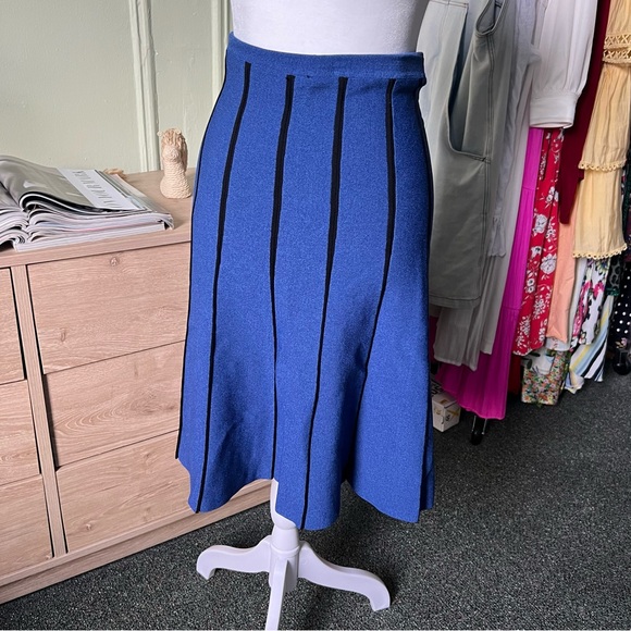 Blue & Black Stripe Column Skirt Midi Knee-Length Modest Sweater Stretch Skirt S - Picture 4 of 12